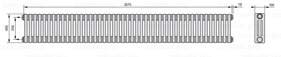 Схема (чертеж) Радиатор Zehnder Charleston 3040/45 №1270 Белый глянцевый RAL 9016